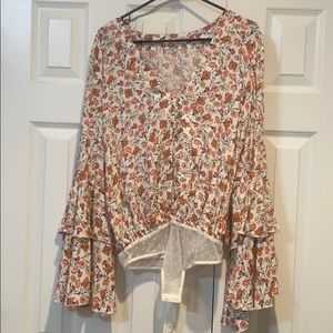 Free People Bell Sleeve Floral Bodysuit Size M